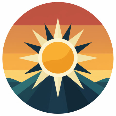 the sun is in the middle of a circle with mountains in the backgroundの素材