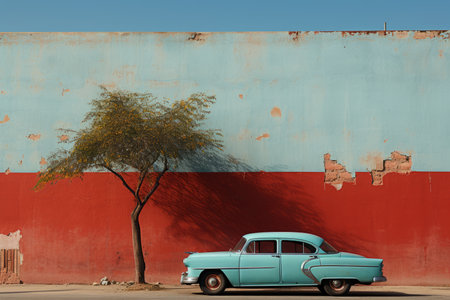 a blue car parked in front of a red and blue wallの素材