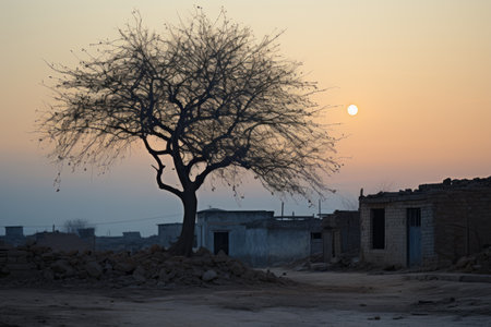 a bare tree in the middle of a dirt roadの素材