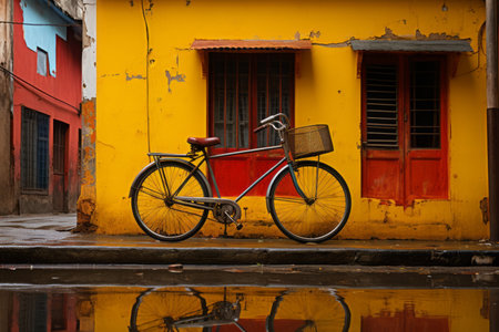 a bicycle is parked in front of a yellow buildingの素材