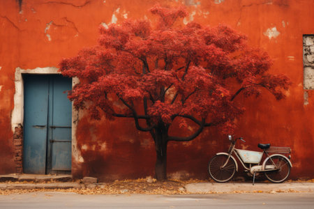 a bicycle is parked next to a red treeの素材