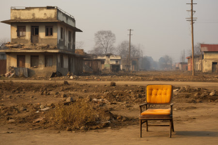 a chair sitting in the middle of a dirt roadの素材