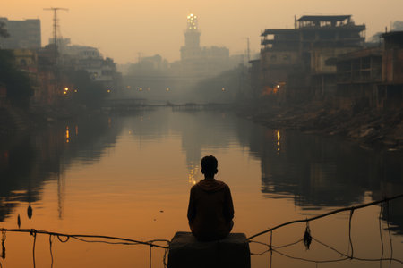 a person sitting on a rope in front of a body of waterの素材