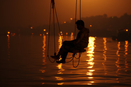 a man sitting on a swing in the waterの素材