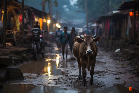 a cow walking down a muddy street in a villageの素材