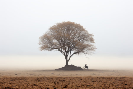 a lone person riding a horse under a tree in a foggy fieldの素材