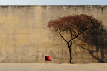 a red chair sitting in front of a treeの素材