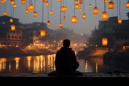 a person sitting on the edge of a riverの素材