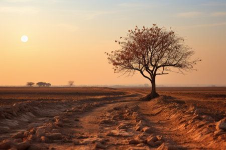 a lone tree in the middle of a field at sunsetの素材