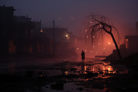 a person standing in the middle of a wet street at nightの素材