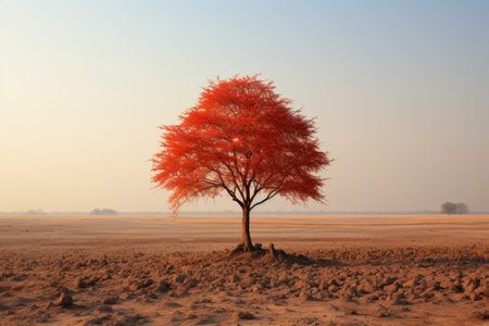 a lone red tree in a barren fieldの素材