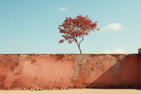 a red wall with a tree on itの素材