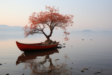a red boat on the waterの素材