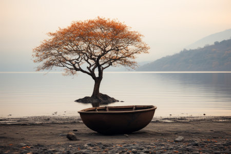 a boat sitting on the shore of a lake with a lone tree in the backgroundの素材