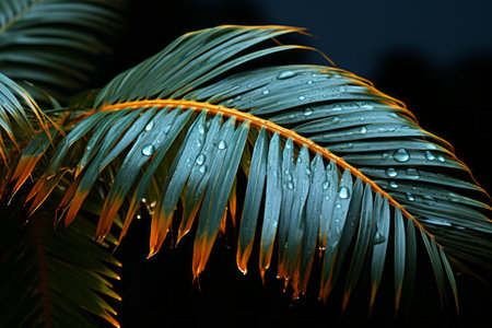 a palm leaf with water droplets on itの素材