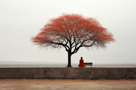 a person sitting on a bench next to a treeの素材