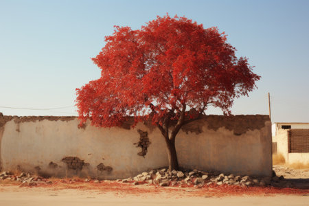 a red tree in front of a wallの素材
