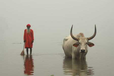 a man and a cow in the waterの素材