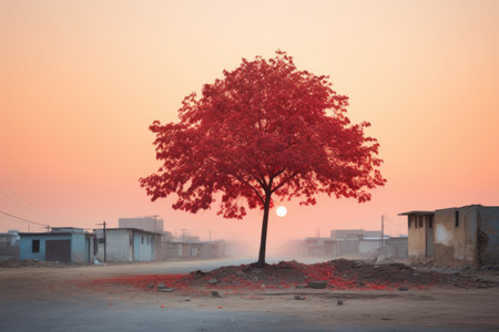 a red tree stands alone in the middle of an empty streetの素材
