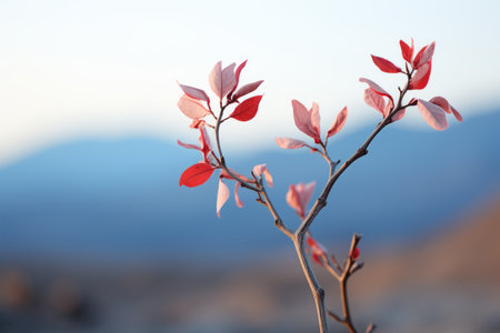 a plant with red leaves and a mountain in the backgroundの素材
