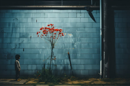 a person standing in front of a wall with a red flowerの素材