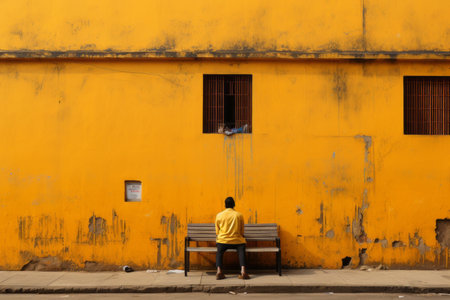 a person sitting on a bench in front of a yellow buildingの素材