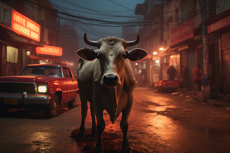 a cow standing in the middle of a street at nightの素材