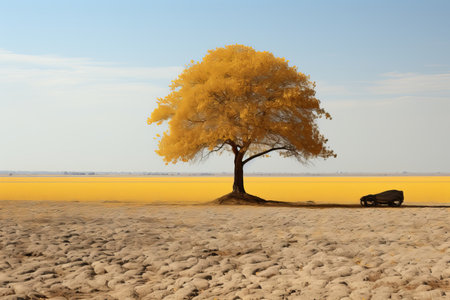 a tree and a car in a dry fieldの素材