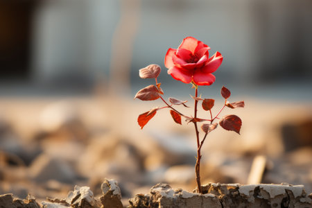 a single red rose growing out of a crack in the groundの素材