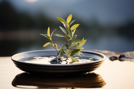 a small plant is sitting in a bowl on top of a tableの素材