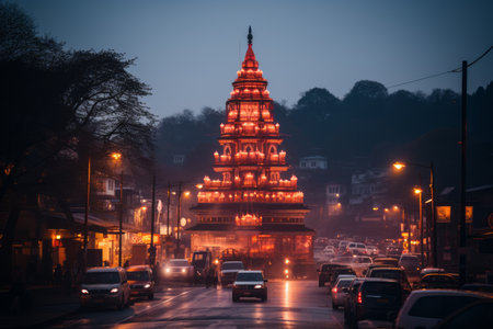 a street at night with cars and a pagoda in the backgroundの素材