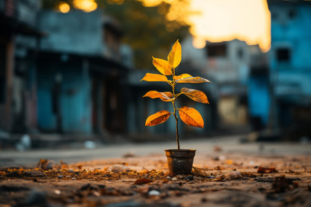 a small plant in a pot on the ground in front of a buildingの素材