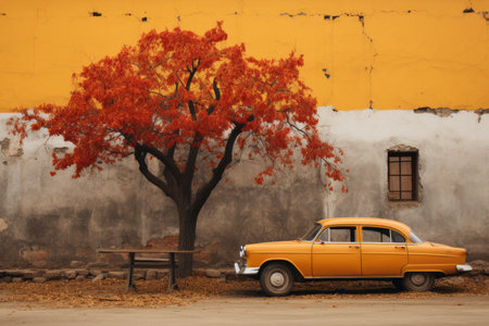 an old car is parked in front of a treeの素材