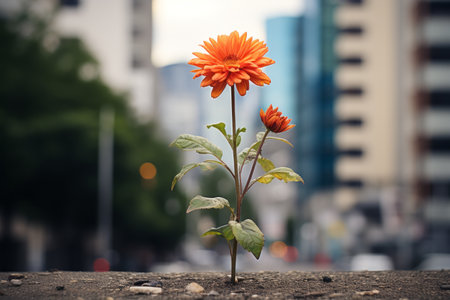 an orange flower growing out of the ground in front of a buildingの素材