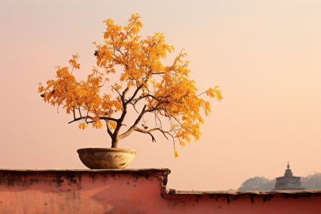 a yellow tree on top of a wallの素材