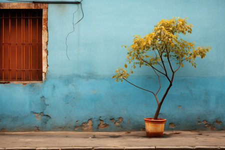 a tree in a pot on the side of a buildingの素材