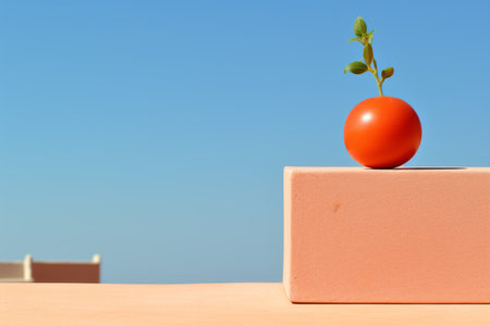 an orange egg sitting on top of a pink blockの素材