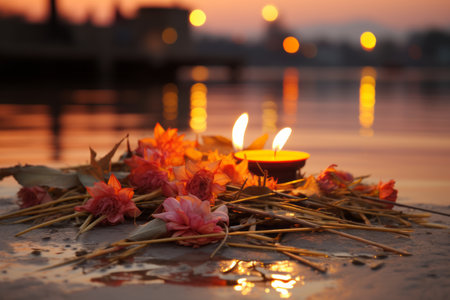 candles and flowers on the shore of a lakeの素材