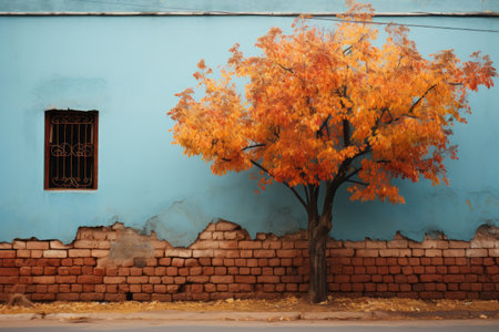 an orange tree in front of a blue wallの素材