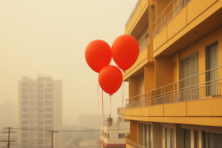 three red balloons tied to the side of a buildingの素材