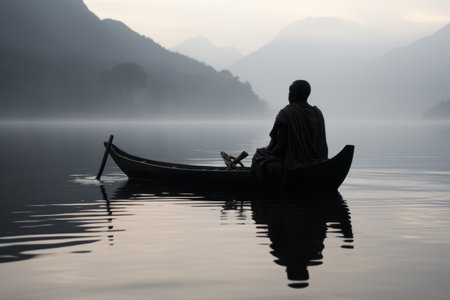 silhouette of a man in a boat on a lakeの素材