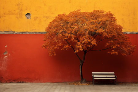 a tree and a bench in front of an orange wallの素材