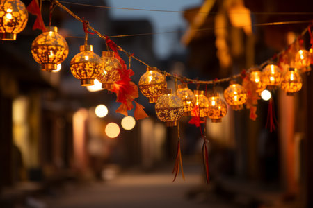 a string of lights hanging from a buildingの素材