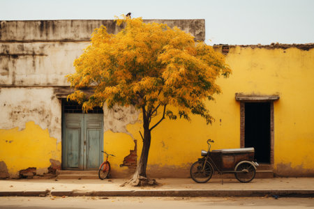yellow building with blue doorの素材