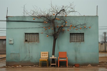 two chairs and a tree in front of a buildingの素材