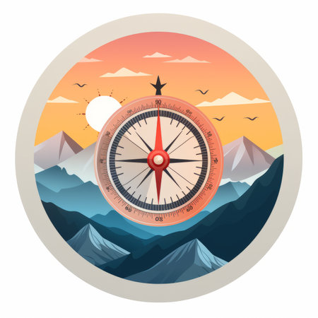 a compass with mountains in the backgroundの素材