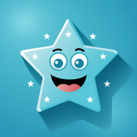 a cartoon star with a happy face on a blue backgroundの素材