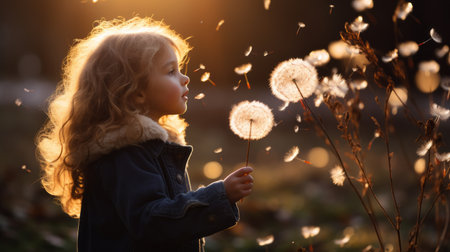a little girl blowing dandelions in the sunの素材