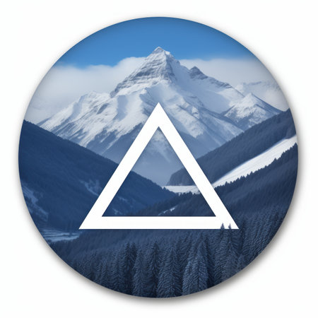 a blue circle with a triangle in the middle and a mountain in the backgroundの素材