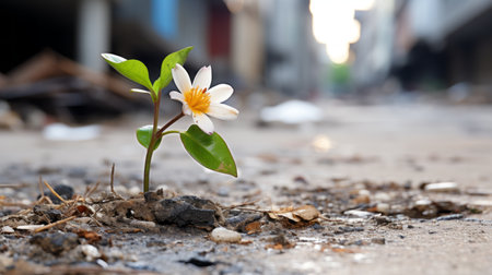 a small flower is growing out of the ground in the middle of an urban areaの素材